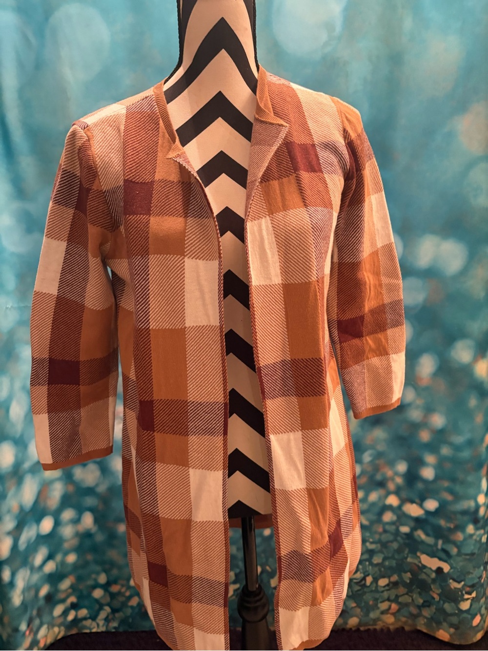 Women's Open-Front Plaid coatigan (Loft) in Rust & Cream - Medium